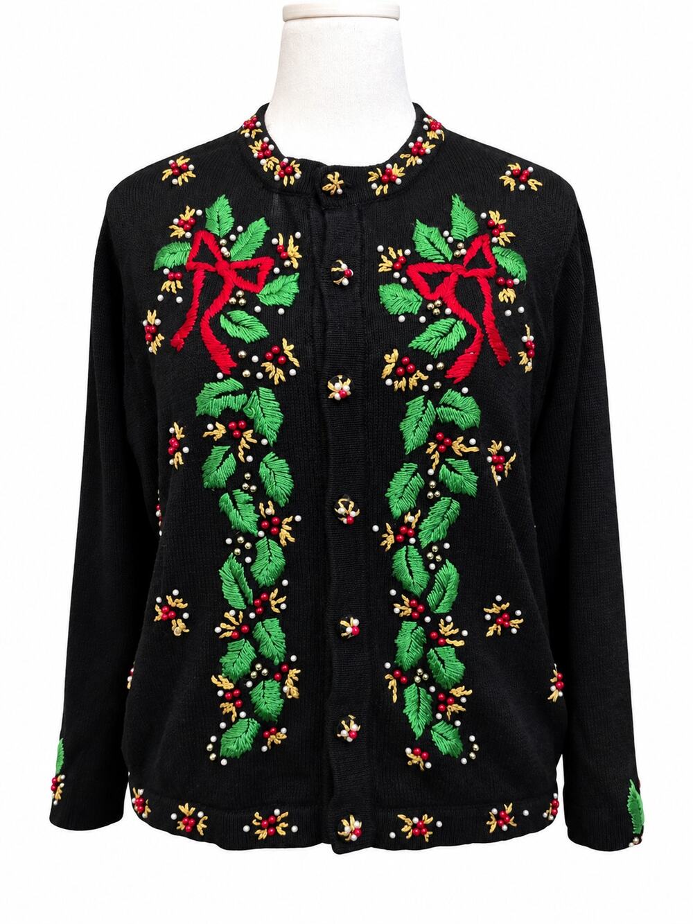 O H I Christmas Cardigan Size L Embroidered Beaded Holly Bows Ramie Cotton Black